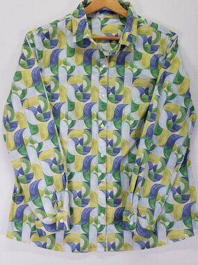 J.McLaughlin Women XL Top Button Down Shirt Blue Green Print Cotton Stretch